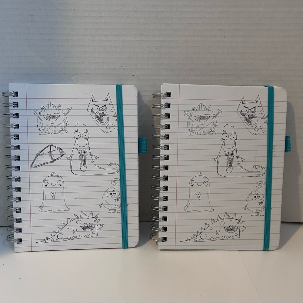Set of 2 Cute Monsters Lined Spiral Journal Notebook, Hardcover with pen loop